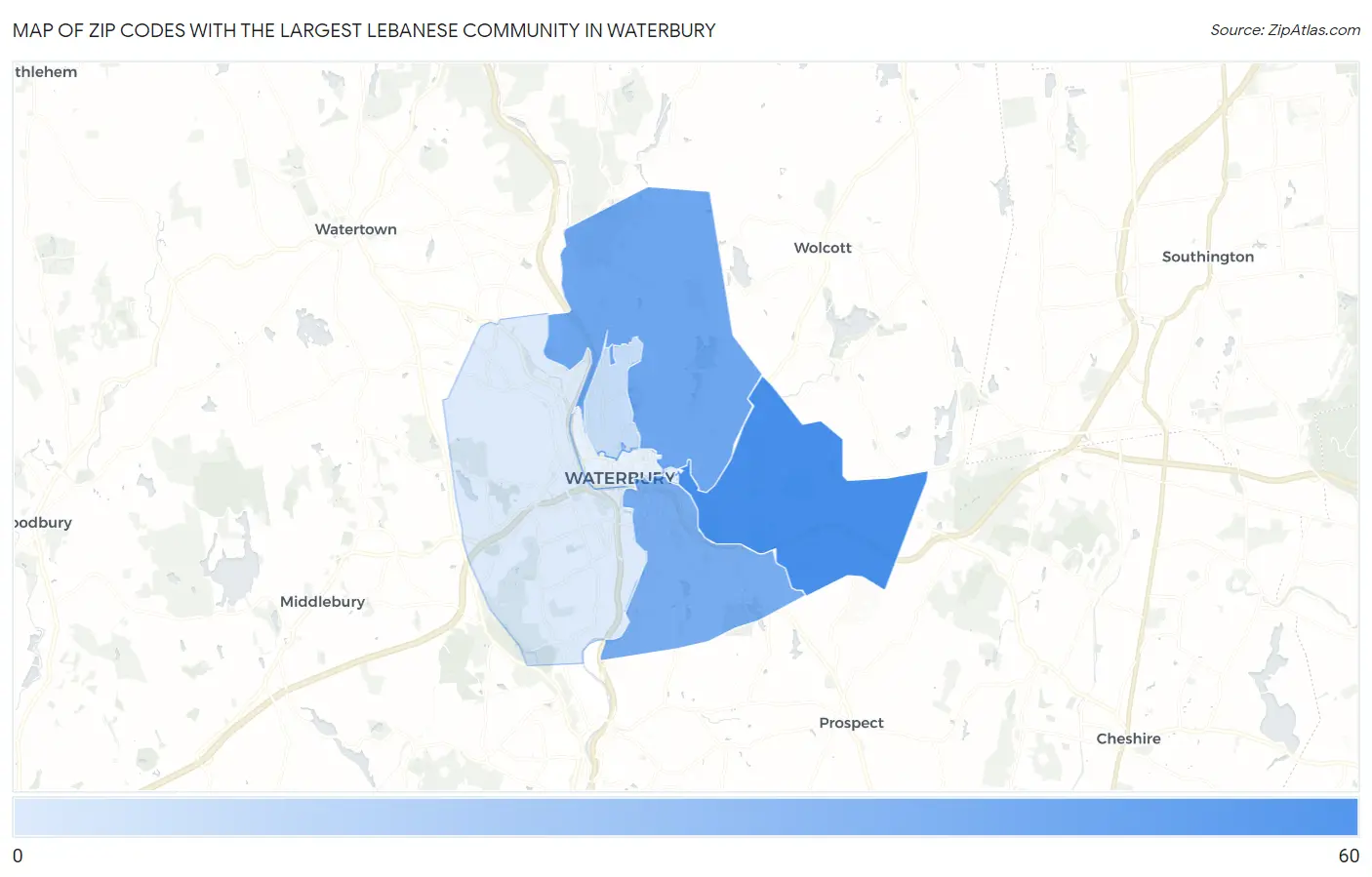 Zip Codes with the Largest Lebanese Community in Waterbury Map