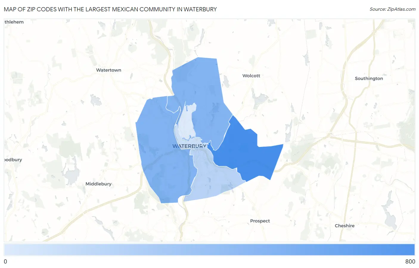 Zip Codes with the Largest Mexican Community in Waterbury Map