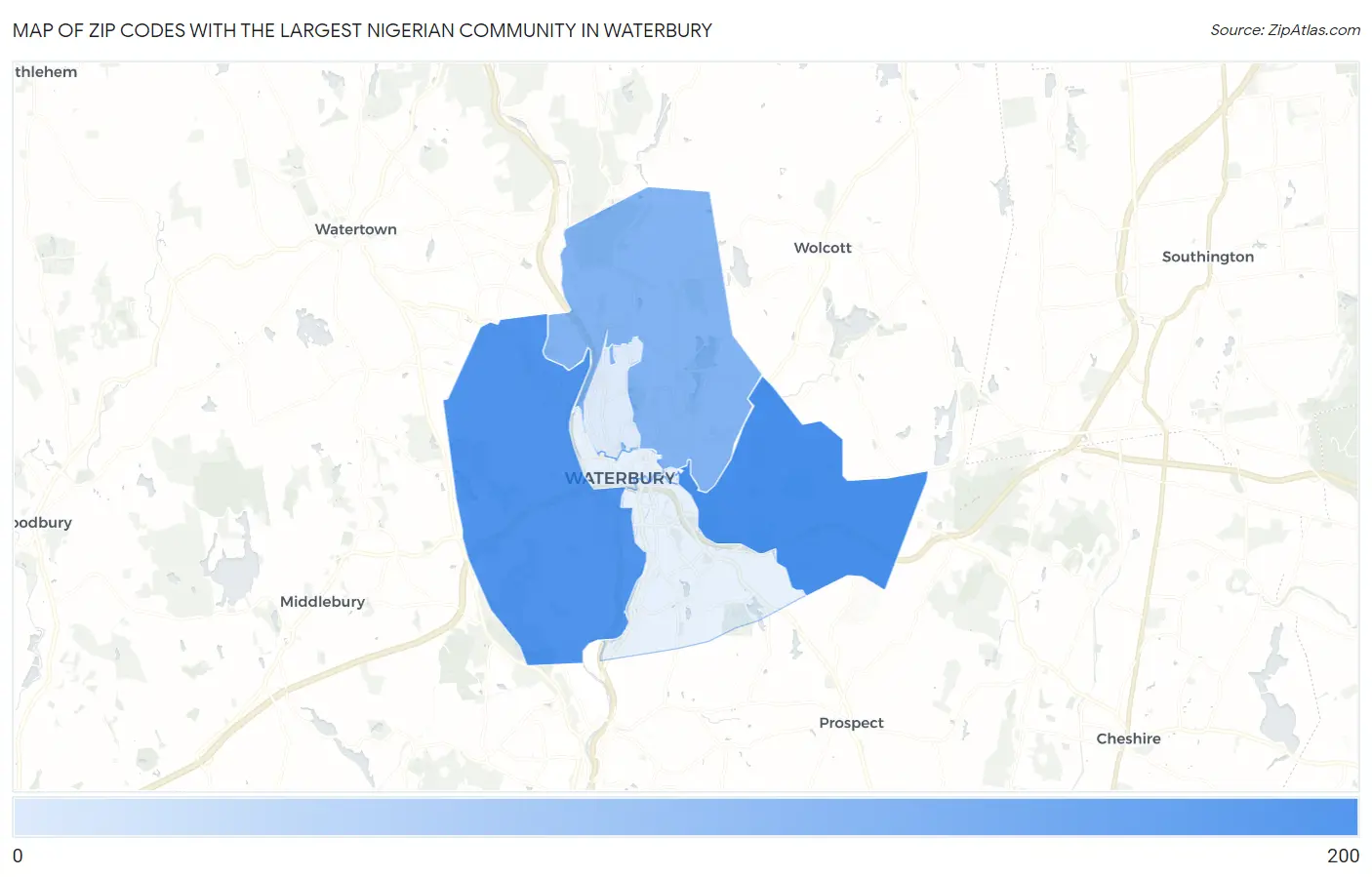 Zip Codes with the Largest Nigerian Community in Waterbury Map