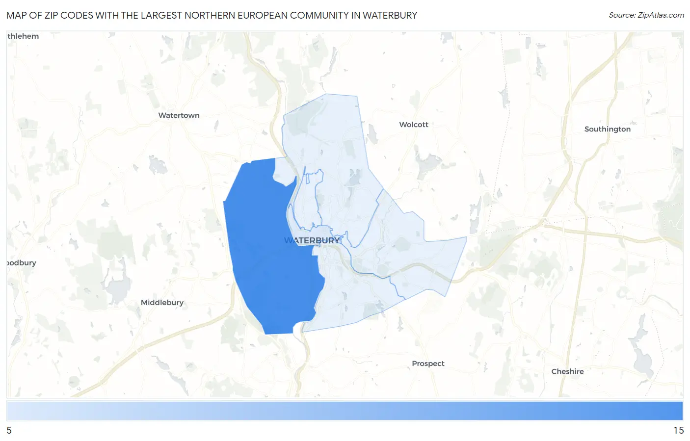 Zip Codes with the Largest Northern European Community in Waterbury Map