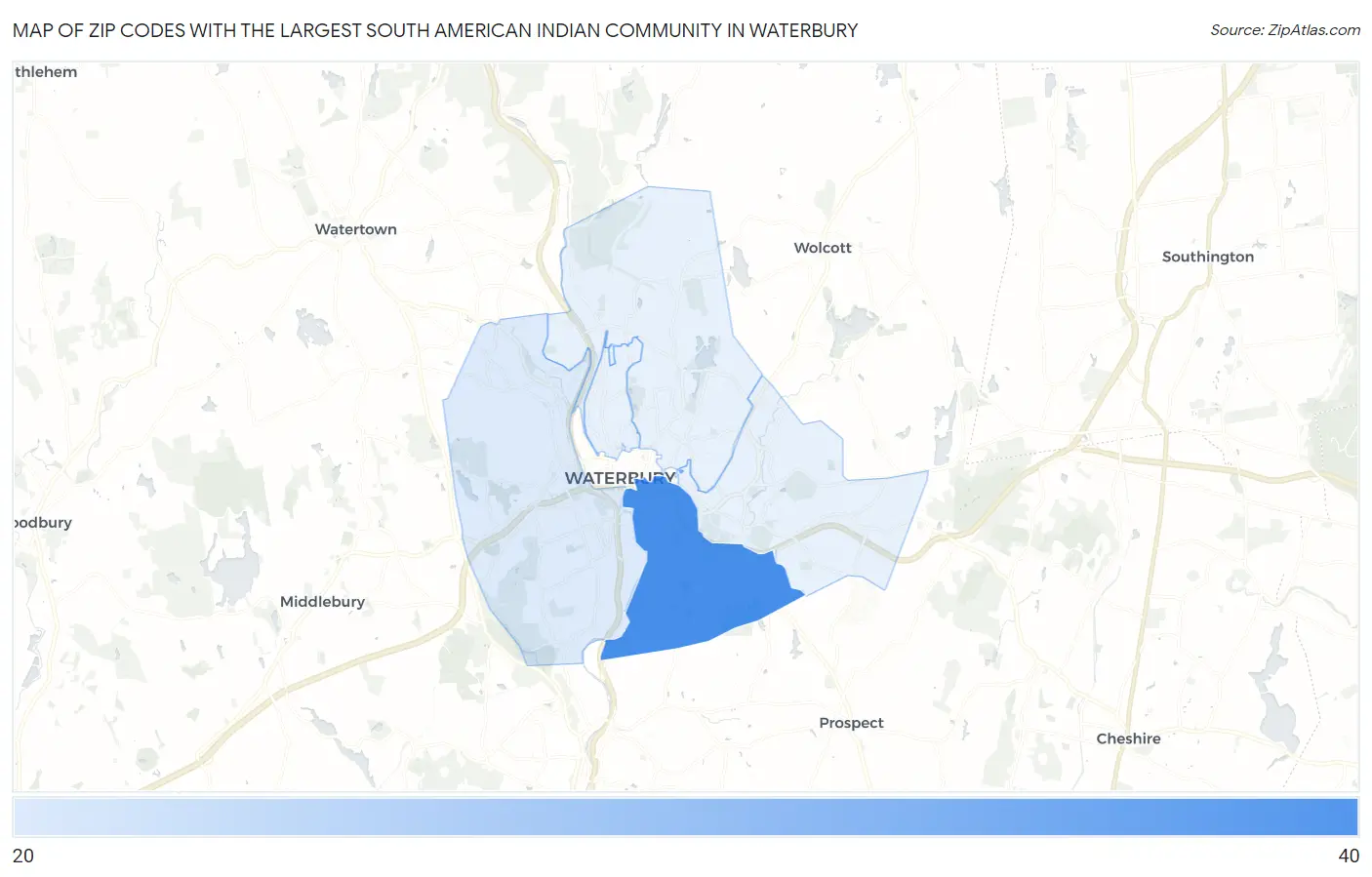 Zip Codes with the Largest South American Indian Community in Waterbury Map