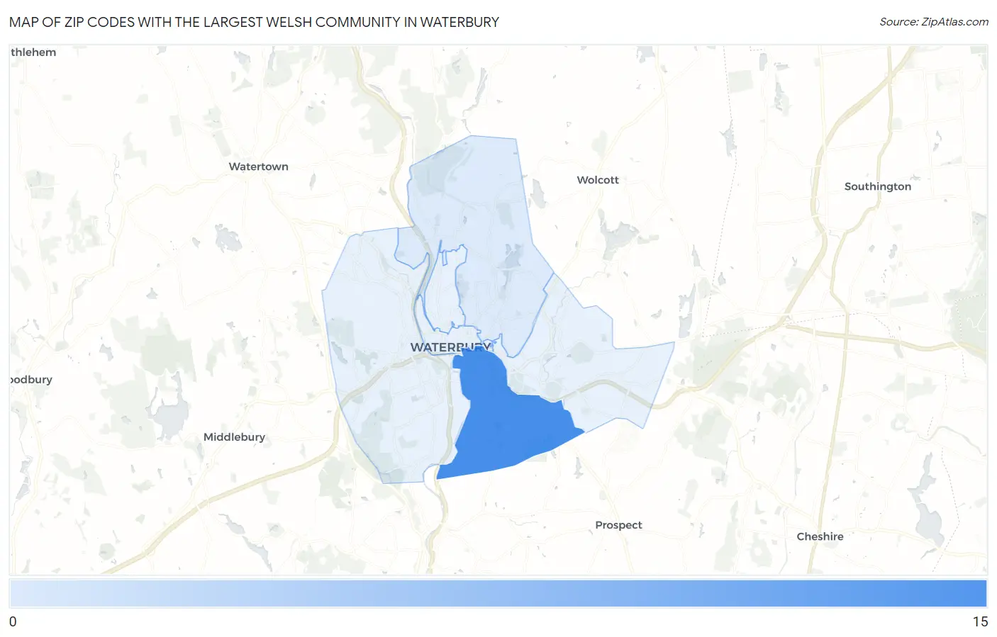 Zip Codes with the Largest Welsh Community in Waterbury Map