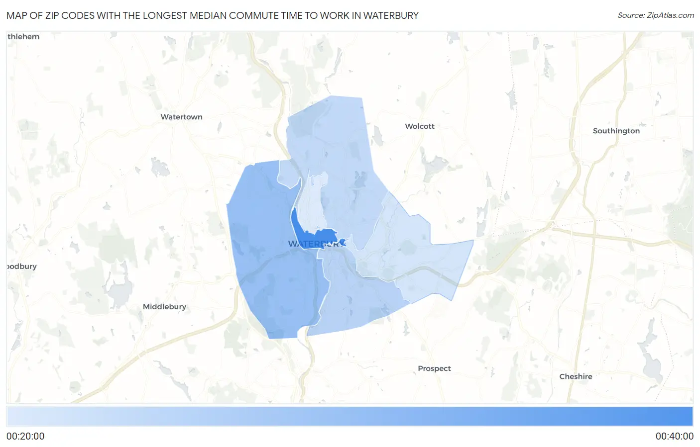 Zip Codes with the Longest Median Commute Time to Work in Waterbury Map