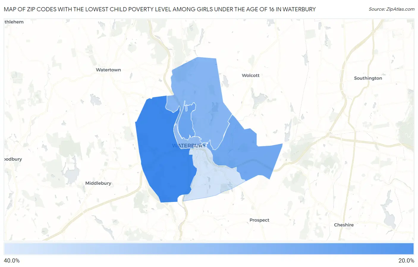 Zip Codes with the Lowest Child Poverty Level Among Girls Under the Age of 16 in Waterbury Map