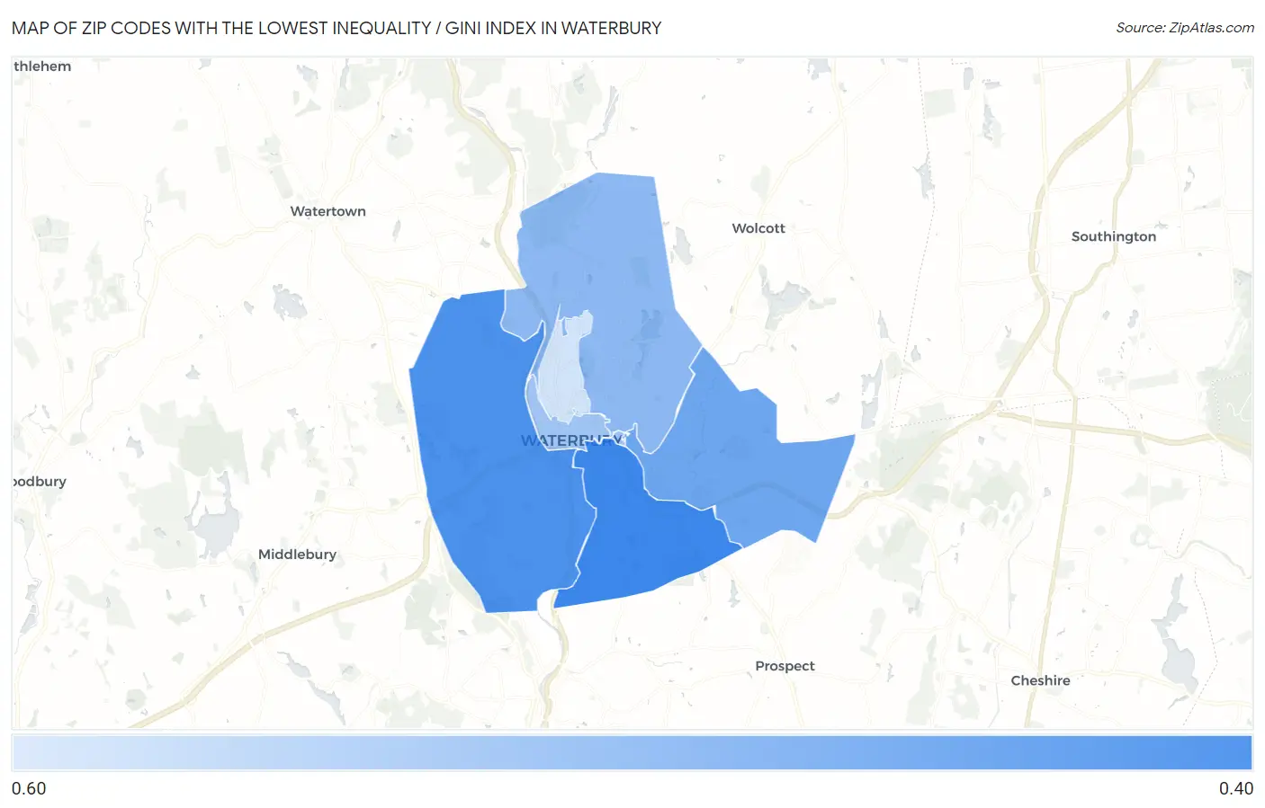 Zip Codes with the Lowest Inequality / Gini Index in Waterbury Map