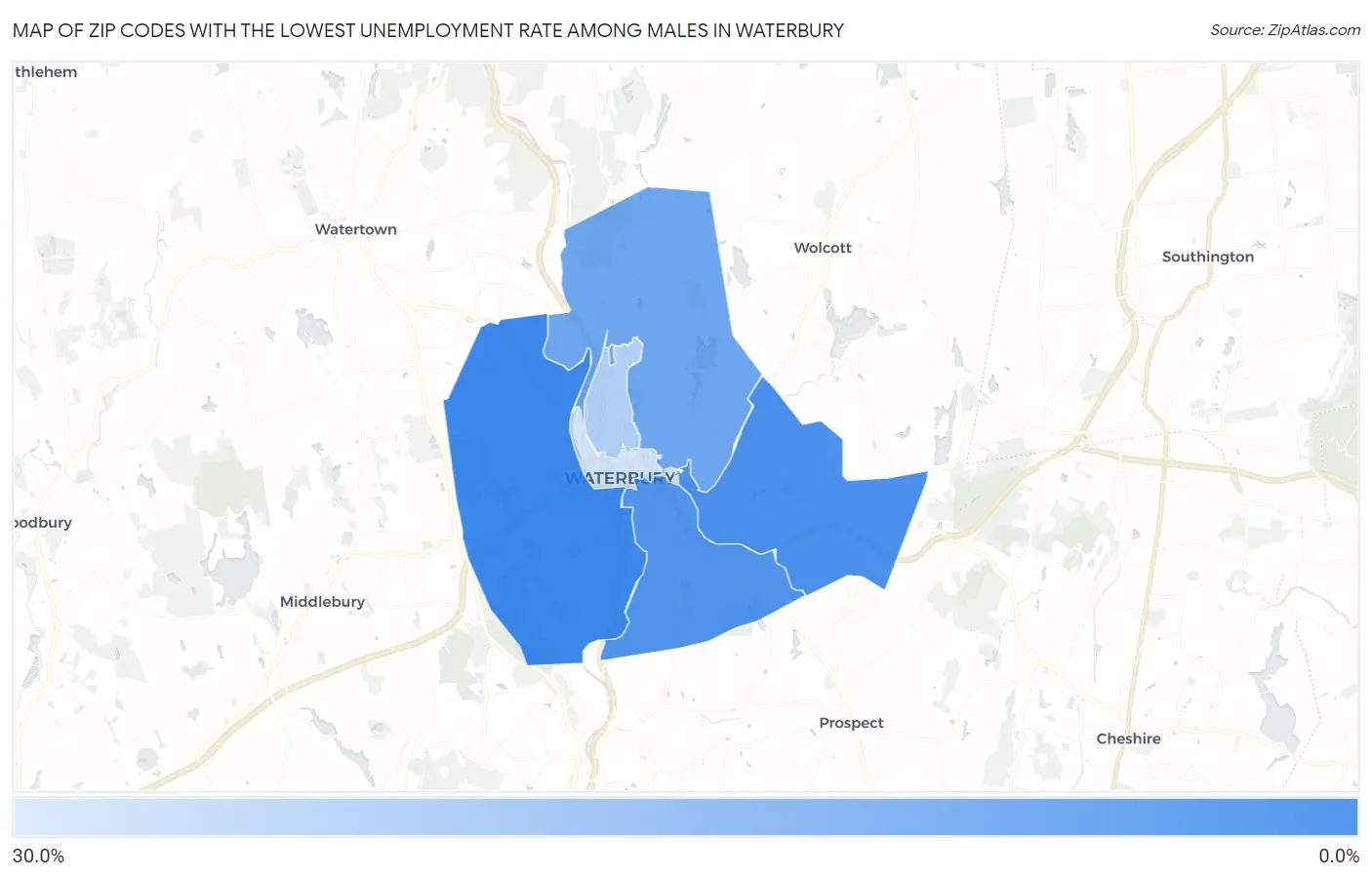 Zip Codes with the Lowest Unemployment Rate Among Males in Waterbury Map