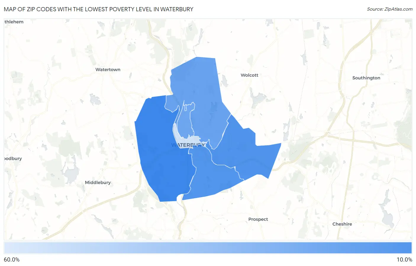 Zip Codes with the Lowest Poverty Level in Waterbury Map