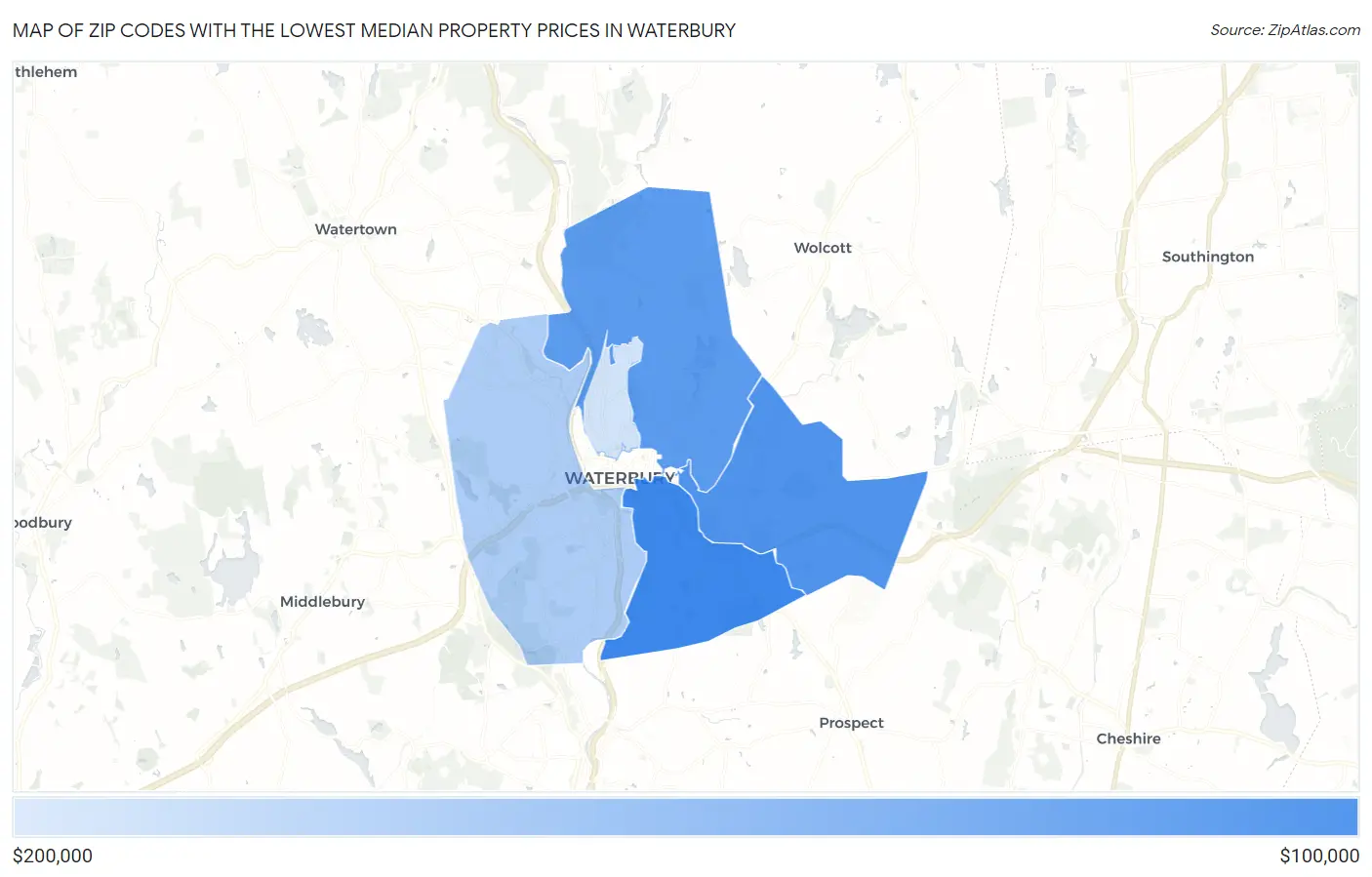 Zip Codes with the Lowest Median Property Prices in Waterbury Map