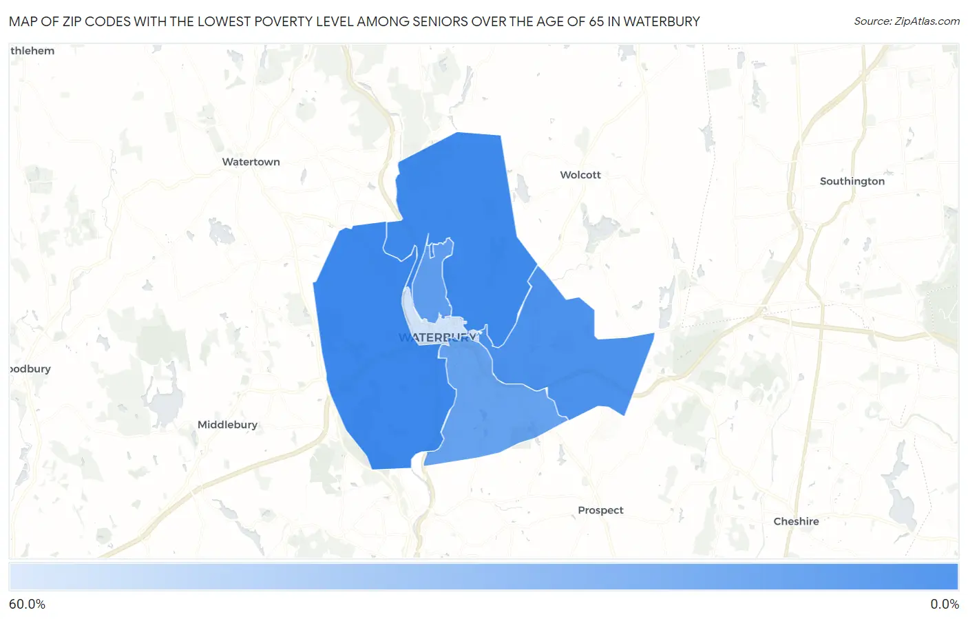 Zip Codes with the Lowest Poverty Level Among Seniors Over the Age of 65 in Waterbury Map