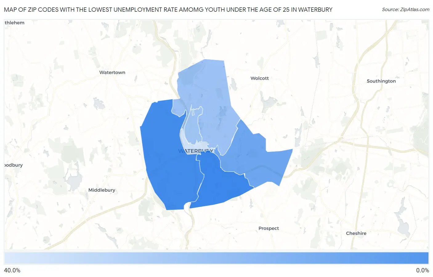 Zip Codes with the Lowest Unemployment Rate Amomg Youth Under the Age of 25 in Waterbury Map