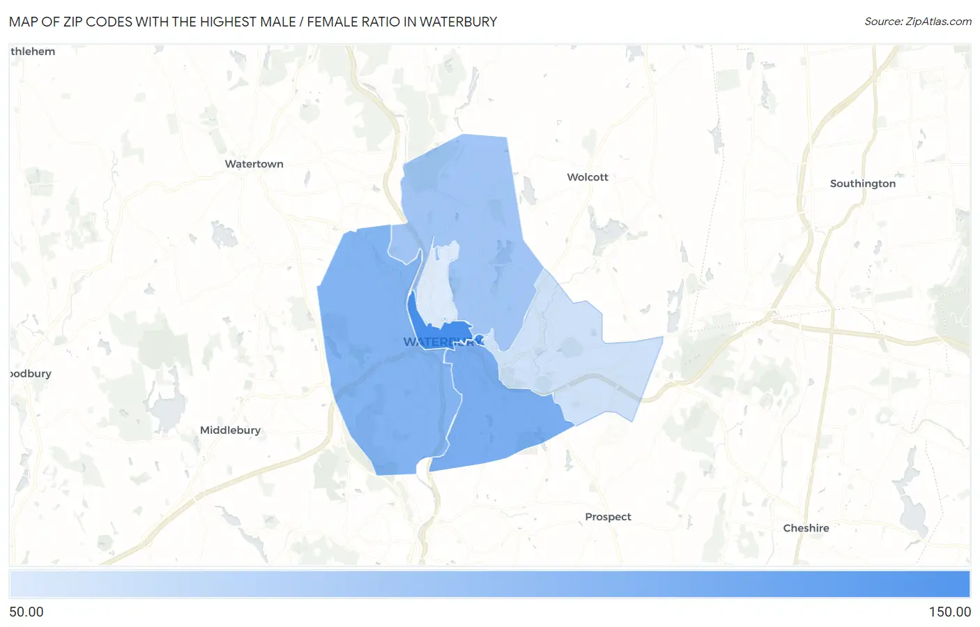 Zip Codes with the Highest Male / Female Ratio in Waterbury Map