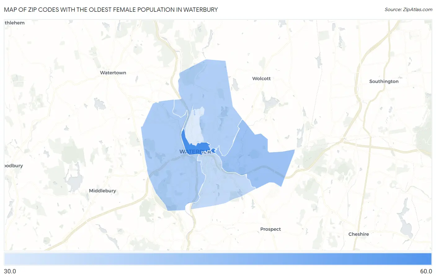 Zip Codes with the Oldest Female Population in Waterbury Map