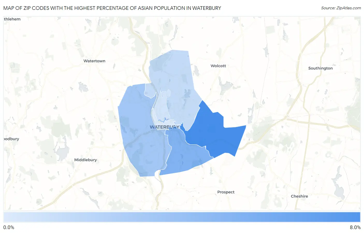 Zip Codes with the Highest Percentage of Asian Population in Waterbury Map
