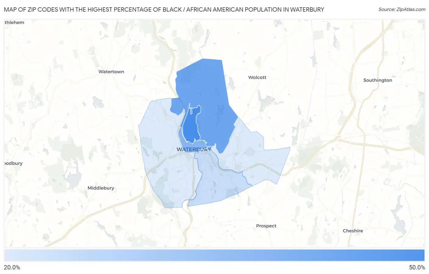 Zip Codes with the Highest Percentage of Black / African American Population in Waterbury Map