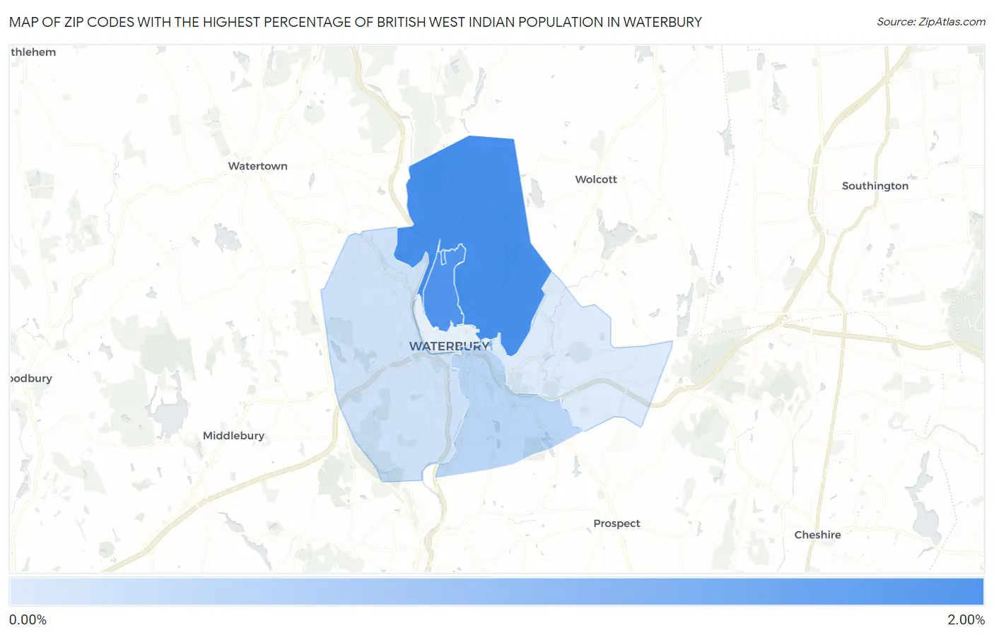 Zip Codes with the Highest Percentage of British West Indian Population in Waterbury Map
