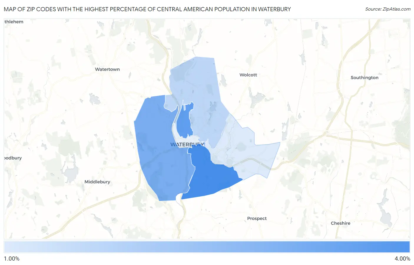 Zip Codes with the Highest Percentage of Central American Population in Waterbury Map