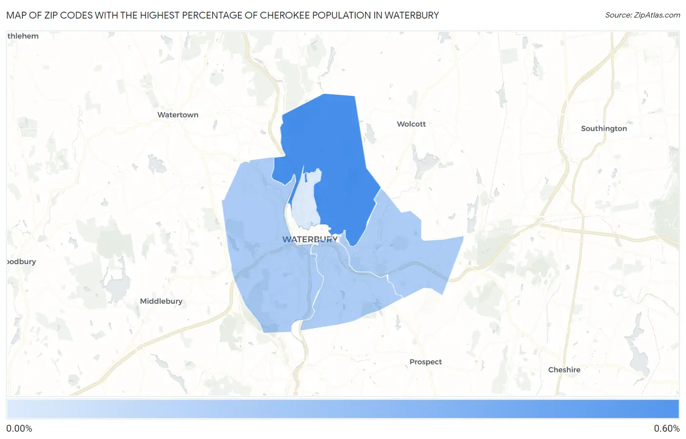 Zip Codes with the Highest Percentage of Cherokee Population in Waterbury Map