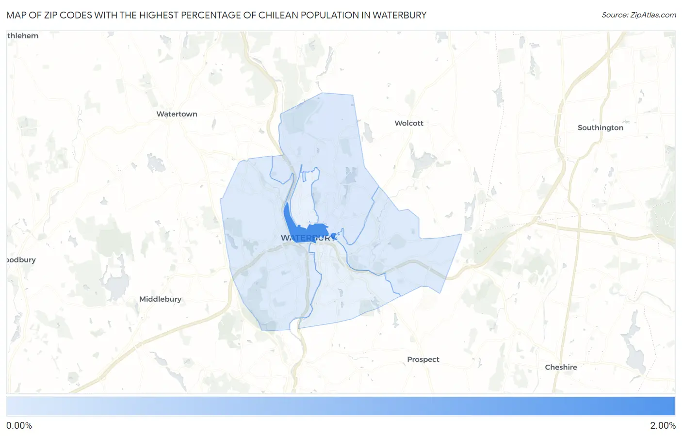 Zip Codes with the Highest Percentage of Chilean Population in Waterbury Map