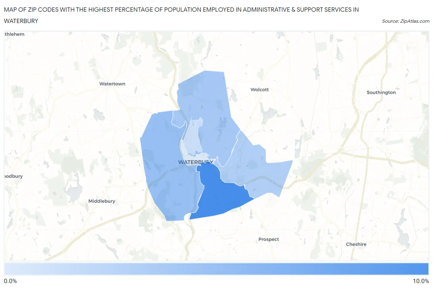 Zip Codes with the Highest Percentage of Population Employed in Administrative & Support Services in Waterbury Map