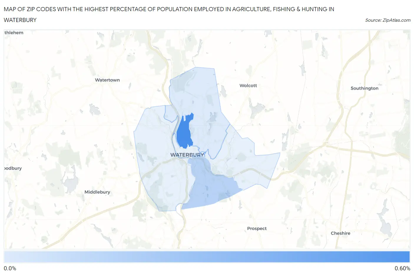 Zip Codes with the Highest Percentage of Population Employed in Agriculture, Fishing & Hunting in Waterbury Map