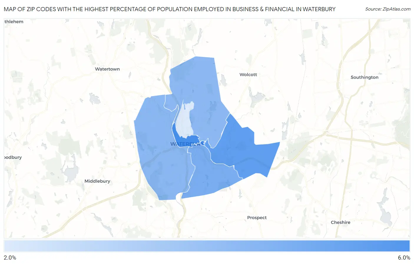 Zip Codes with the Highest Percentage of Population Employed in Business & Financial in Waterbury Map