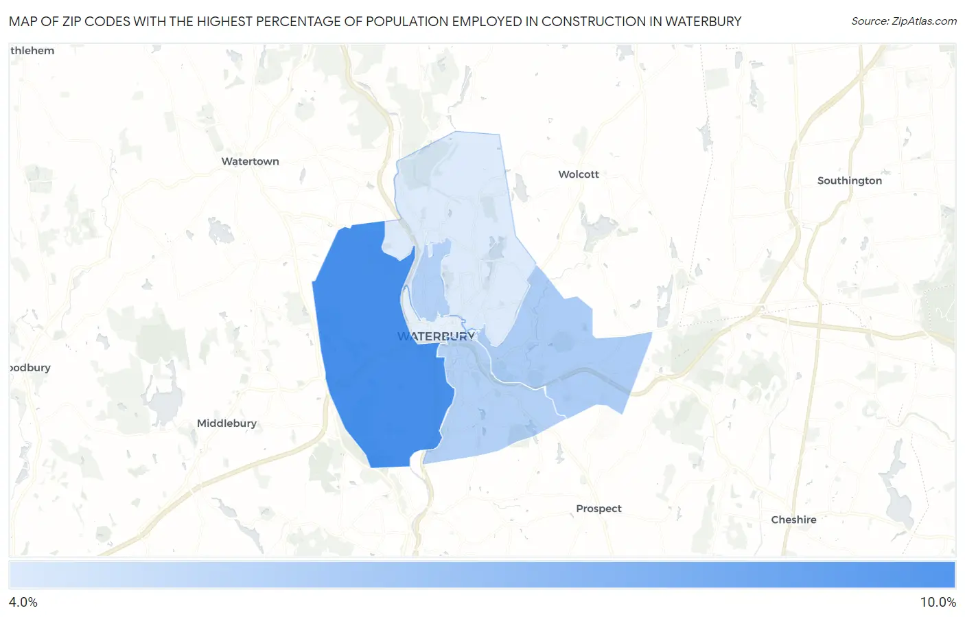 Zip Codes with the Highest Percentage of Population Employed in Construction in Waterbury Map