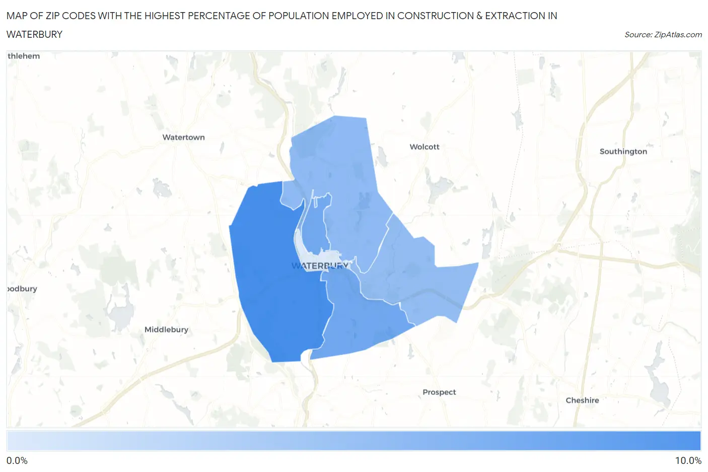 Zip Codes with the Highest Percentage of Population Employed in Construction & Extraction in Waterbury Map
