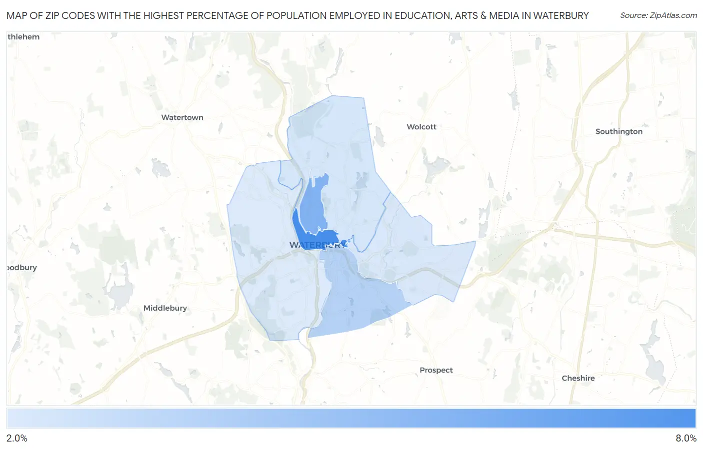 Zip Codes with the Highest Percentage of Population Employed in Education, Arts & Media in Waterbury Map