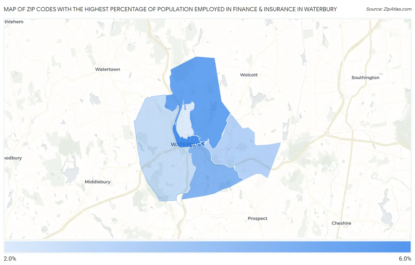 Zip Codes with the Highest Percentage of Population Employed in Finance & Insurance in Waterbury Map