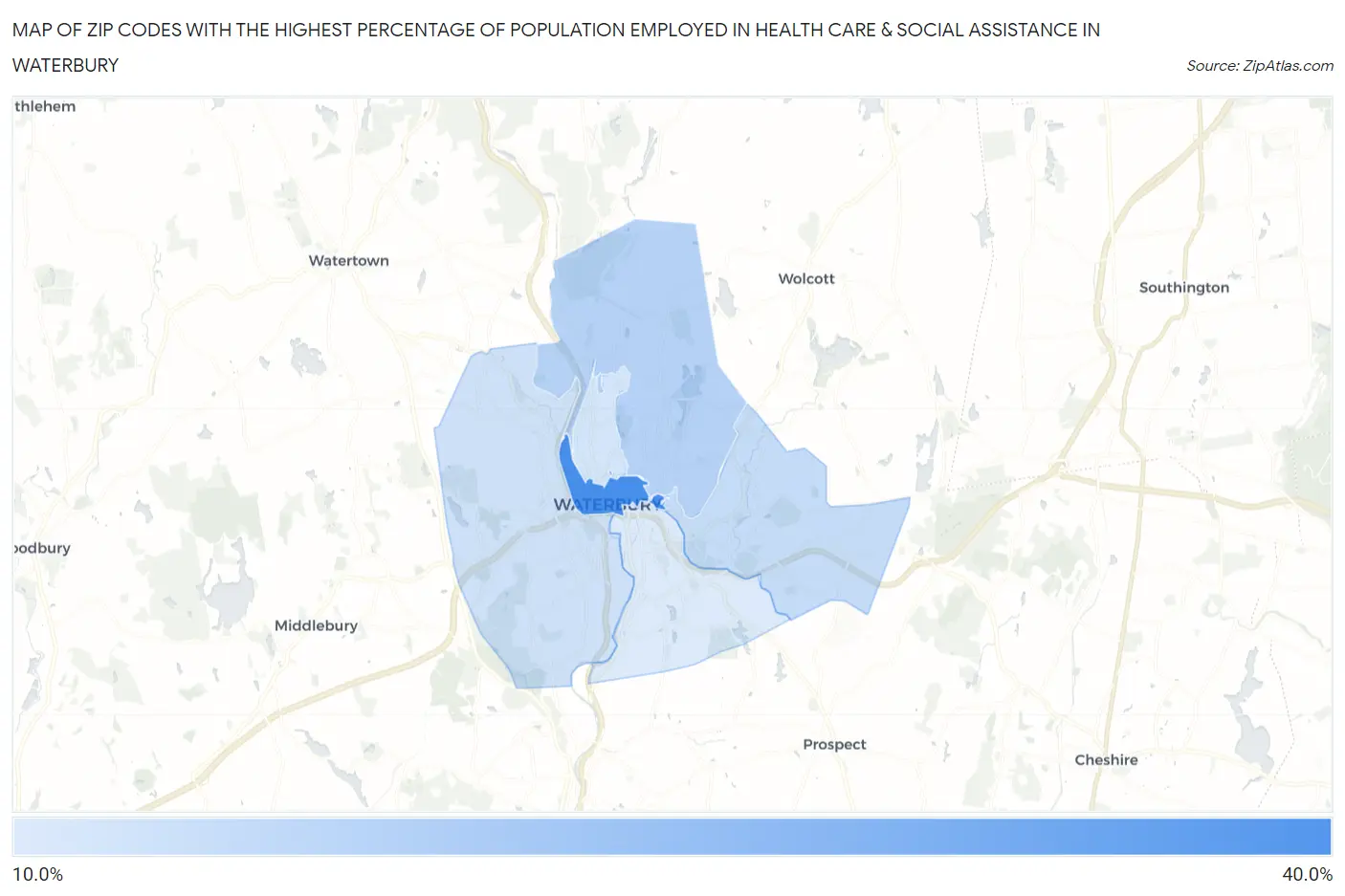 Zip Codes with the Highest Percentage of Population Employed in Health Care & Social Assistance in Waterbury Map