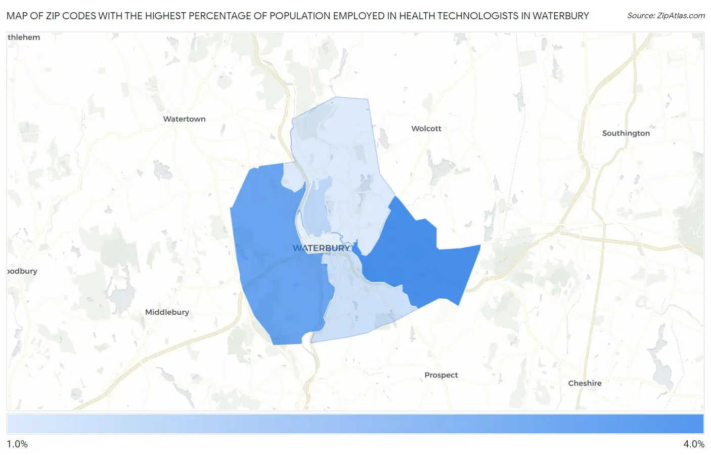 Zip Codes with the Highest Percentage of Population Employed in Health Technologists in Waterbury Map