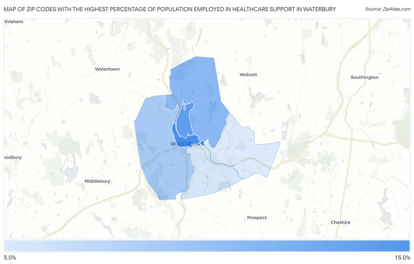 Zip Codes with the Highest Percentage of Population Employed in Healthcare Support in Waterbury Map