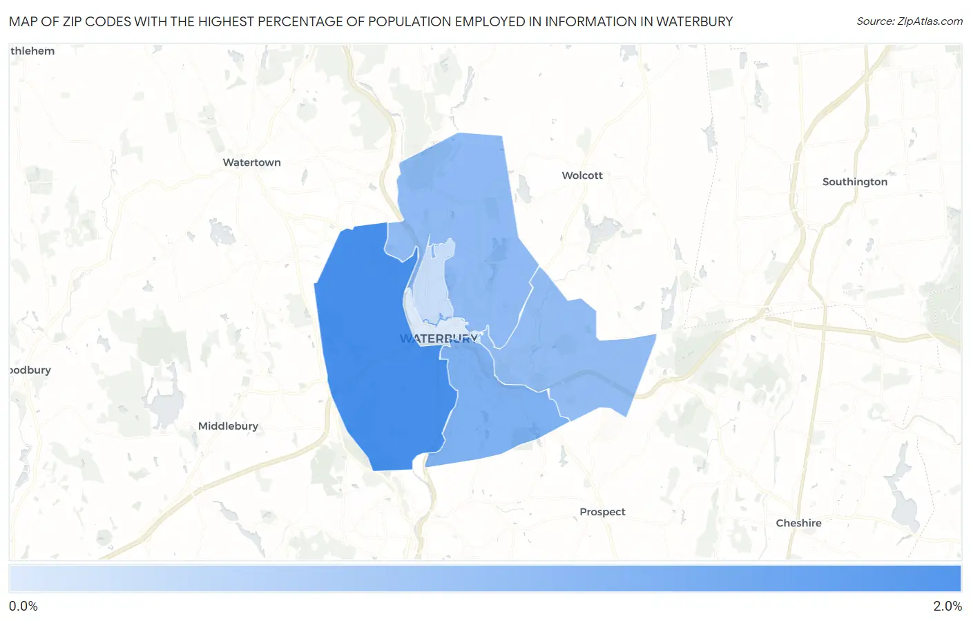 Zip Codes with the Highest Percentage of Population Employed in Information in Waterbury Map