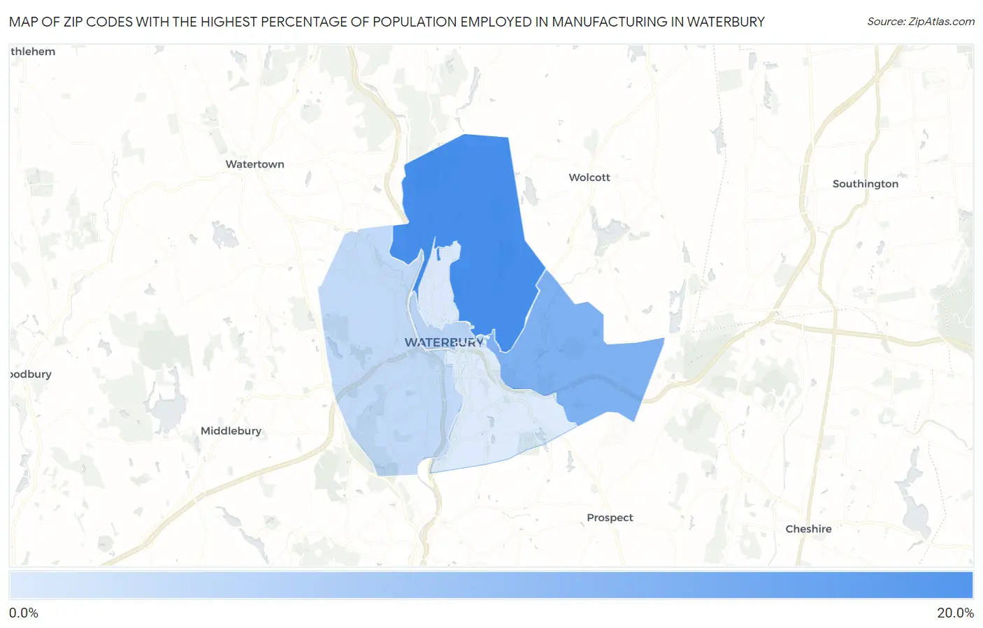 Zip Codes with the Highest Percentage of Population Employed in Manufacturing in Waterbury Map