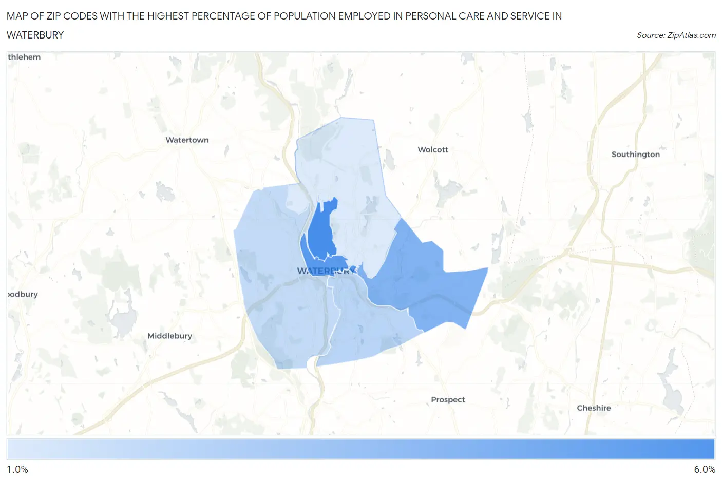 Zip Codes with the Highest Percentage of Population Employed in Personal Care and Service in Waterbury Map