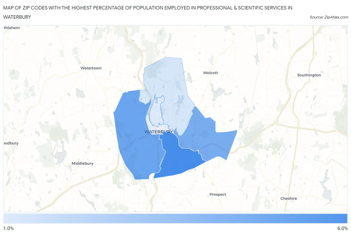 Zip Codes with the Highest Percentage of Population Employed in Professional & Scientific Services in Waterbury Map
