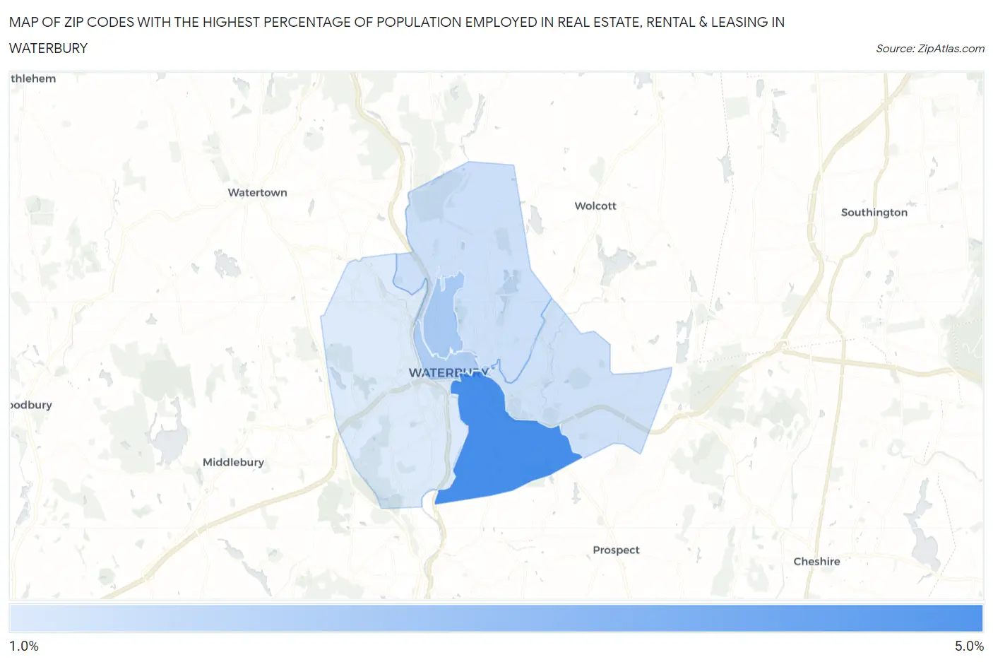 Zip Codes with the Highest Percentage of Population Employed in Real Estate, Rental & Leasing in Waterbury Map