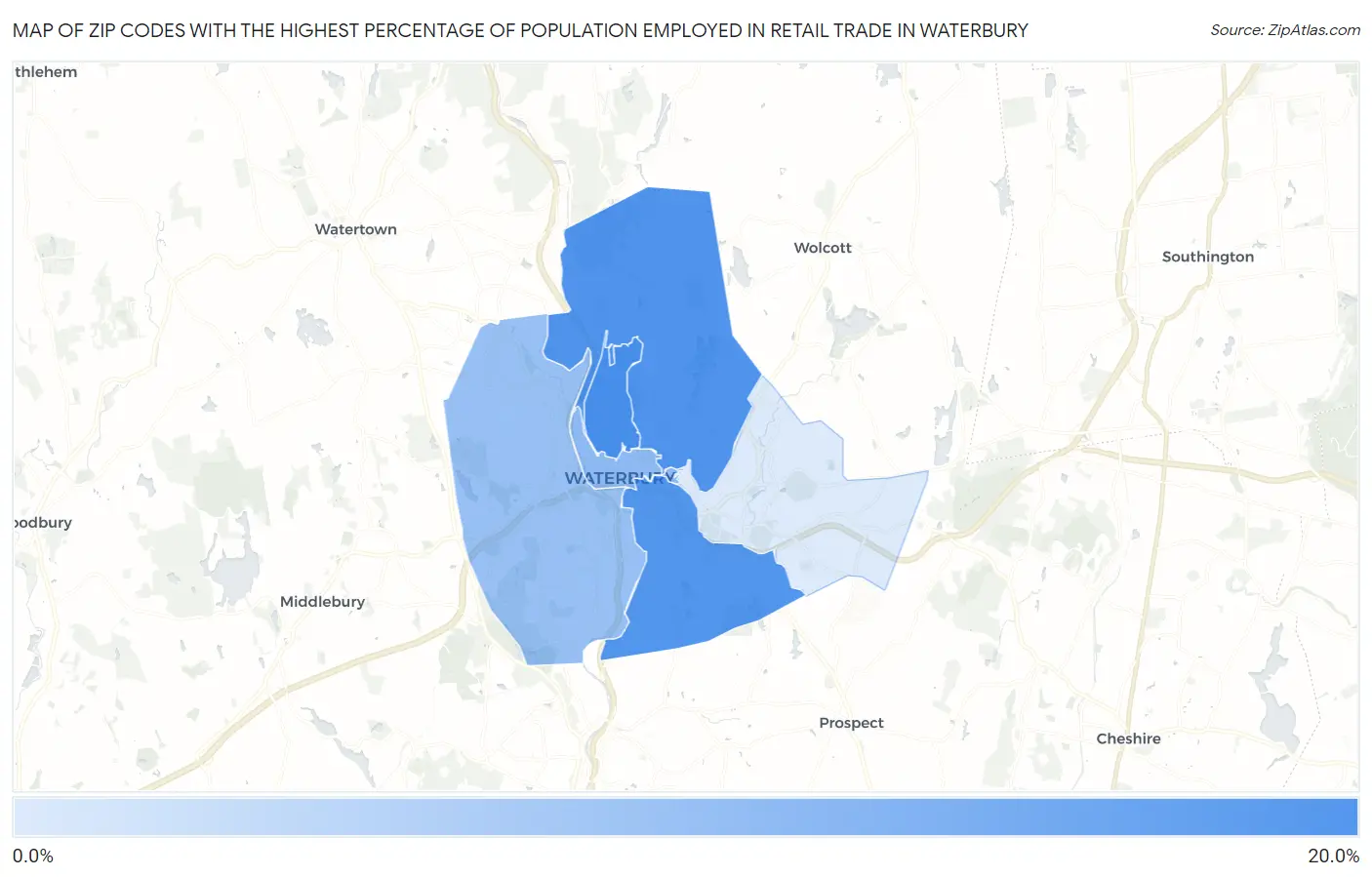 Zip Codes with the Highest Percentage of Population Employed in Retail Trade in Waterbury Map