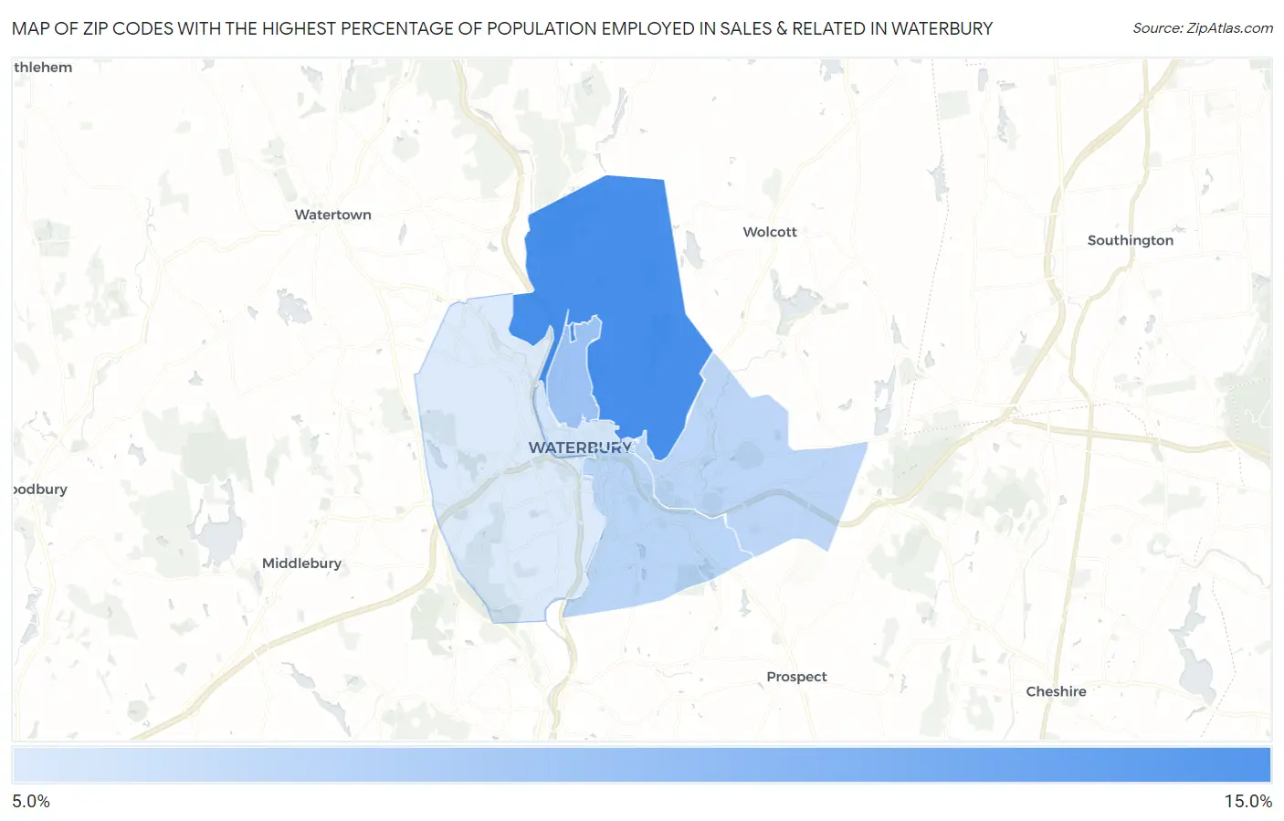 Zip Codes with the Highest Percentage of Population Employed in Sales & Related in Waterbury Map