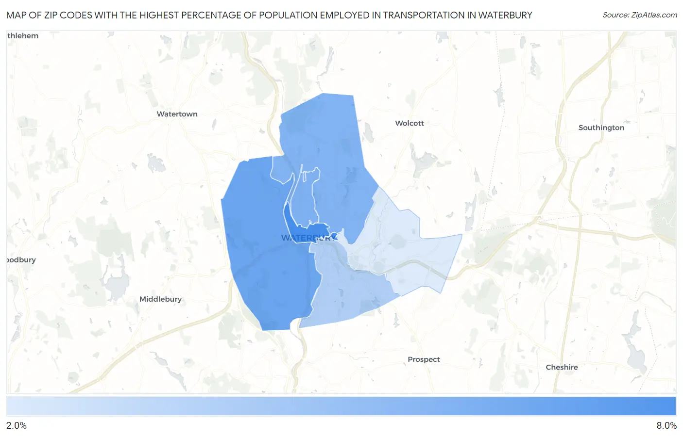 Zip Codes with the Highest Percentage of Population Employed in Transportation in Waterbury Map