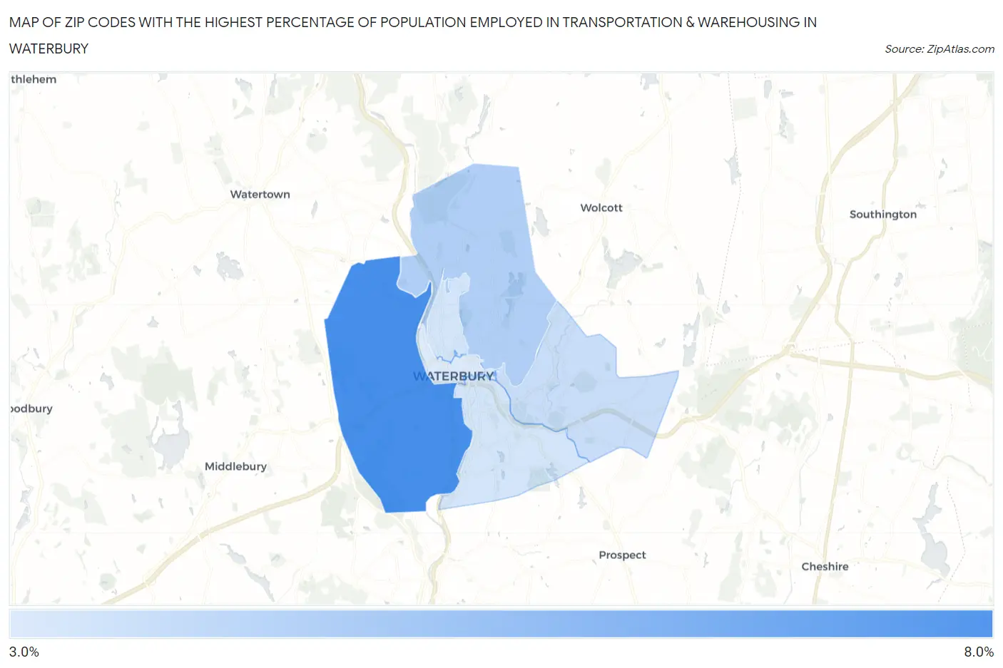 Zip Codes with the Highest Percentage of Population Employed in Transportation & Warehousing in Waterbury Map