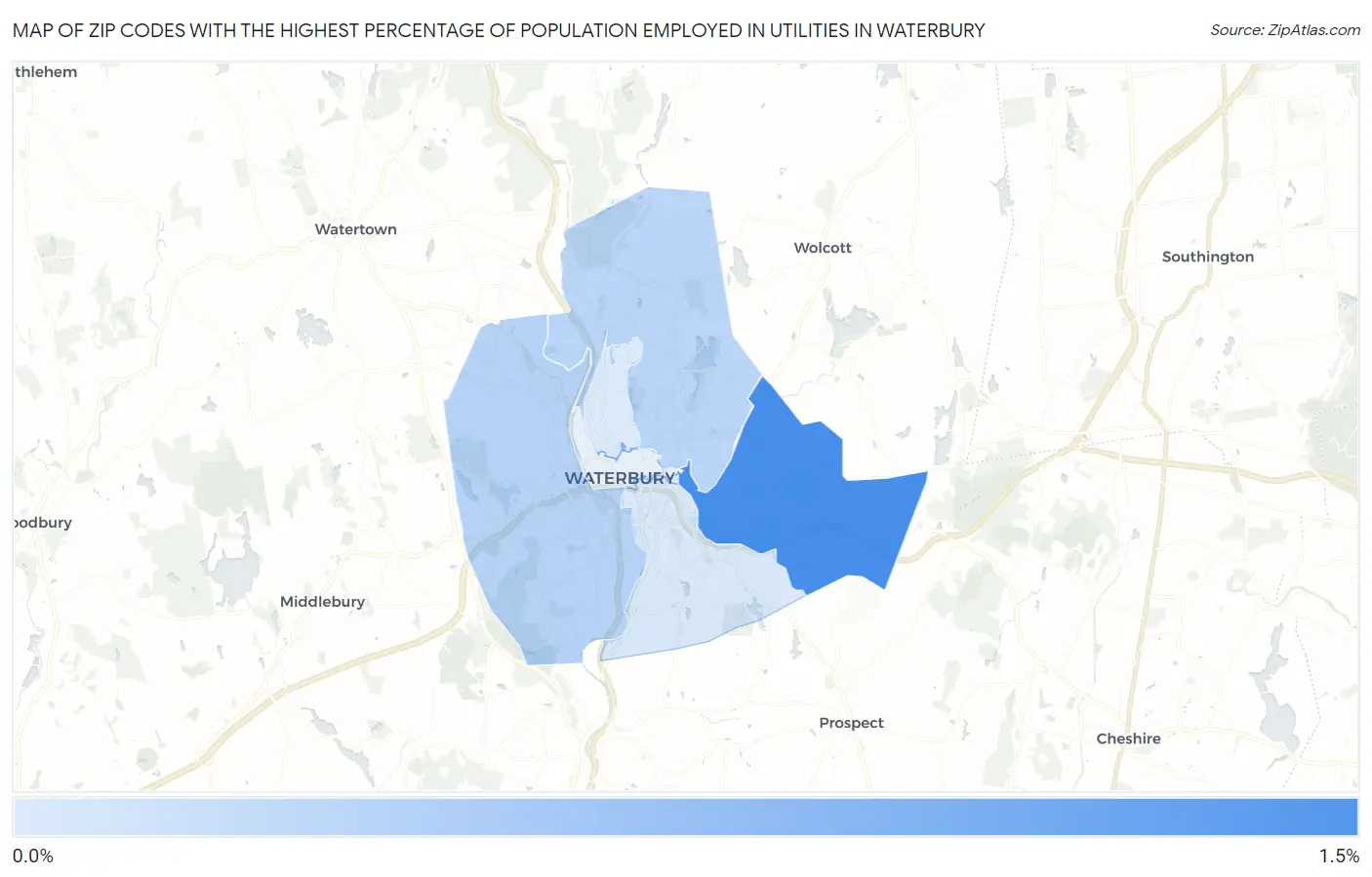 Zip Codes with the Highest Percentage of Population Employed in Utilities in Waterbury Map