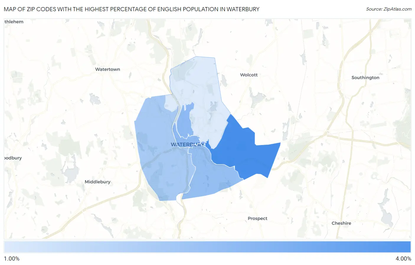 Zip Codes with the Highest Percentage of English Population in Waterbury Map