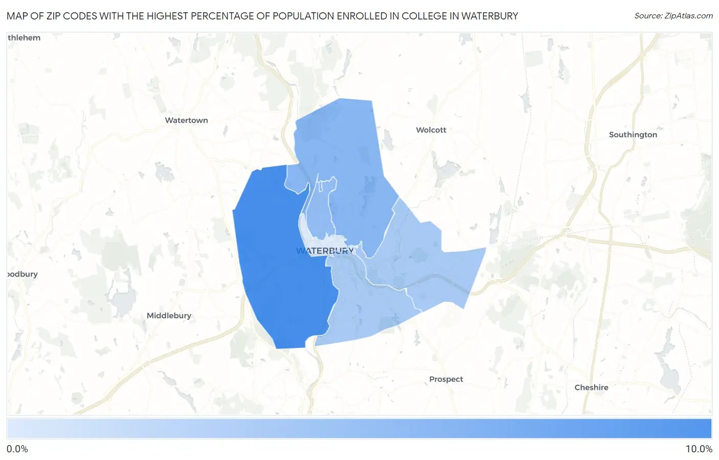 Zip Codes with the Highest Percentage of Population Enrolled in College in Waterbury Map