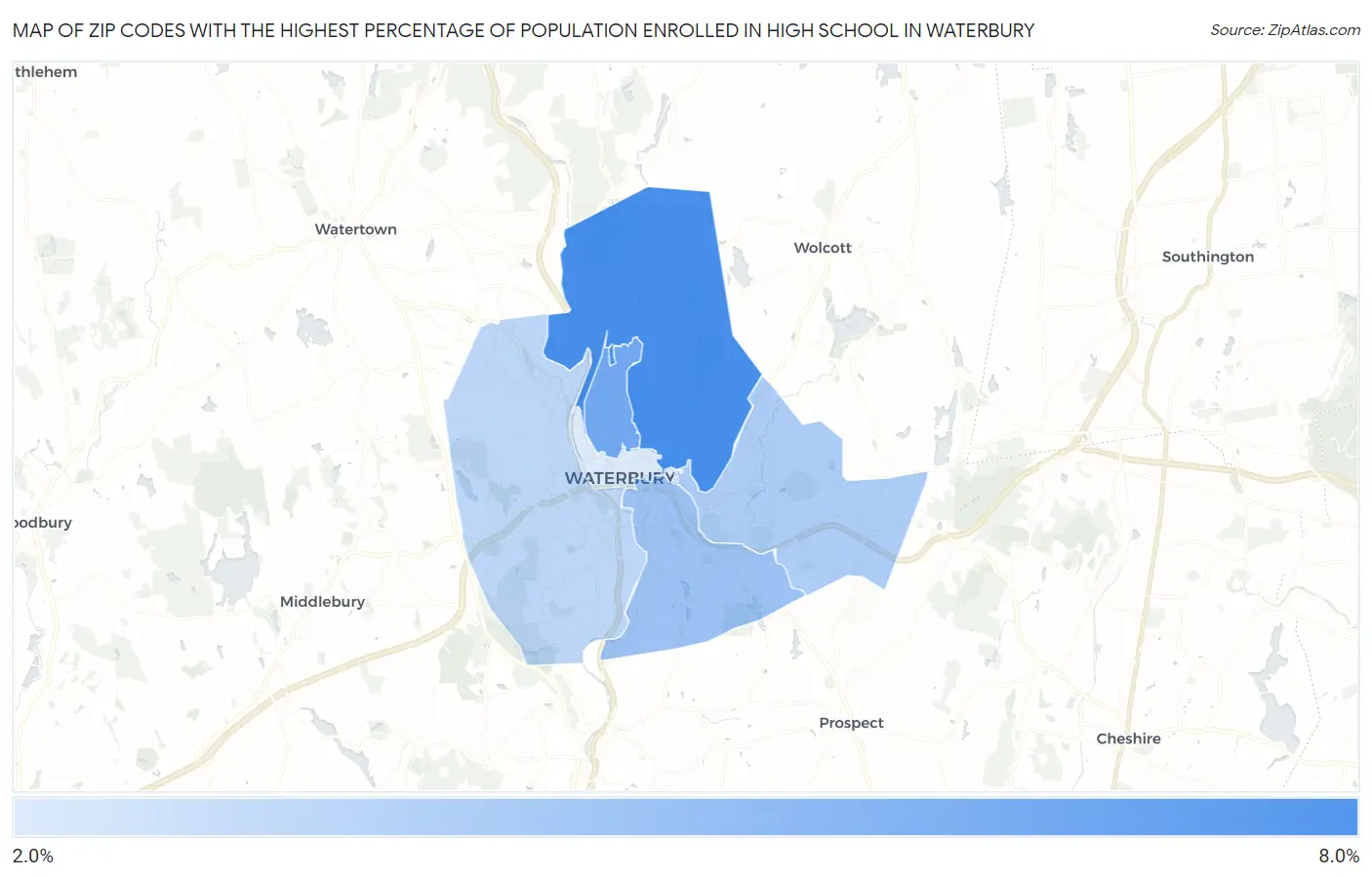 Zip Codes with the Highest Percentage of Population Enrolled in High School in Waterbury Map