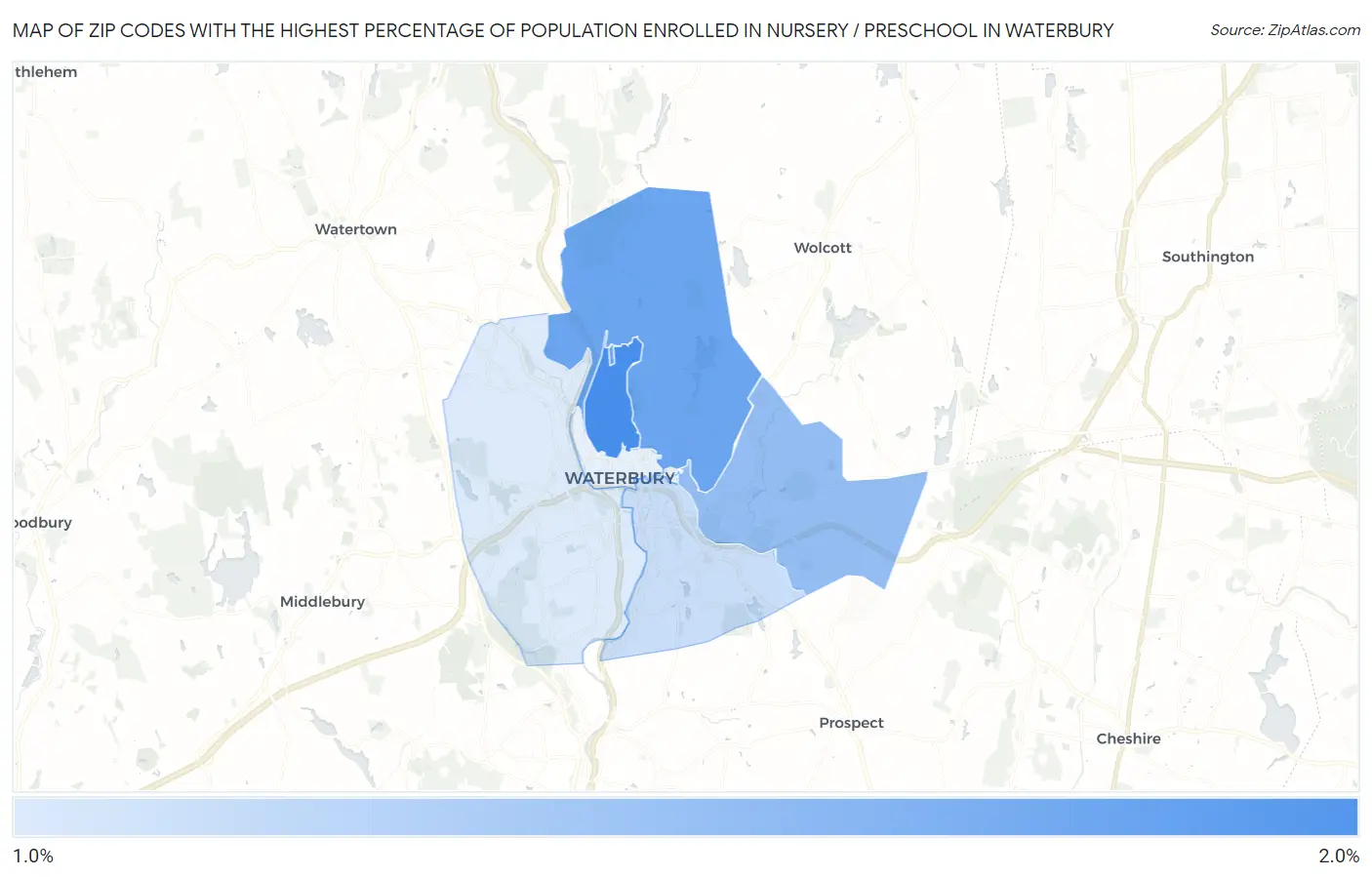 Zip Codes with the Highest Percentage of Population Enrolled in Nursery / Preschool in Waterbury Map