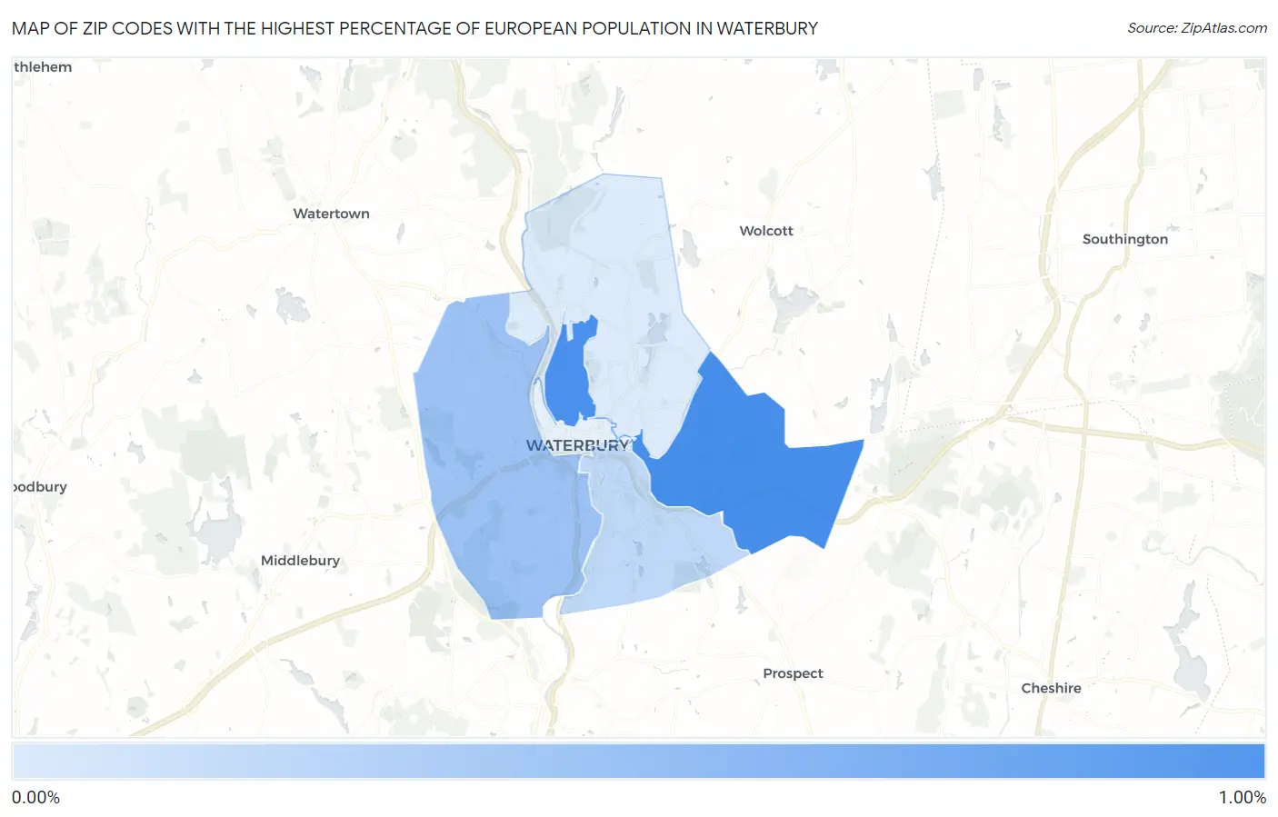 Zip Codes with the Highest Percentage of European Population in Waterbury Map