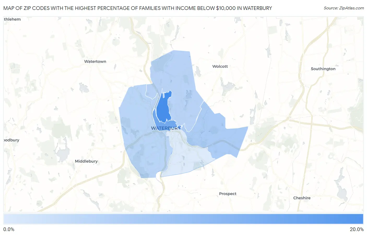 Zip Codes with the Highest Percentage of Families with Income Below $10,000 in Waterbury Map