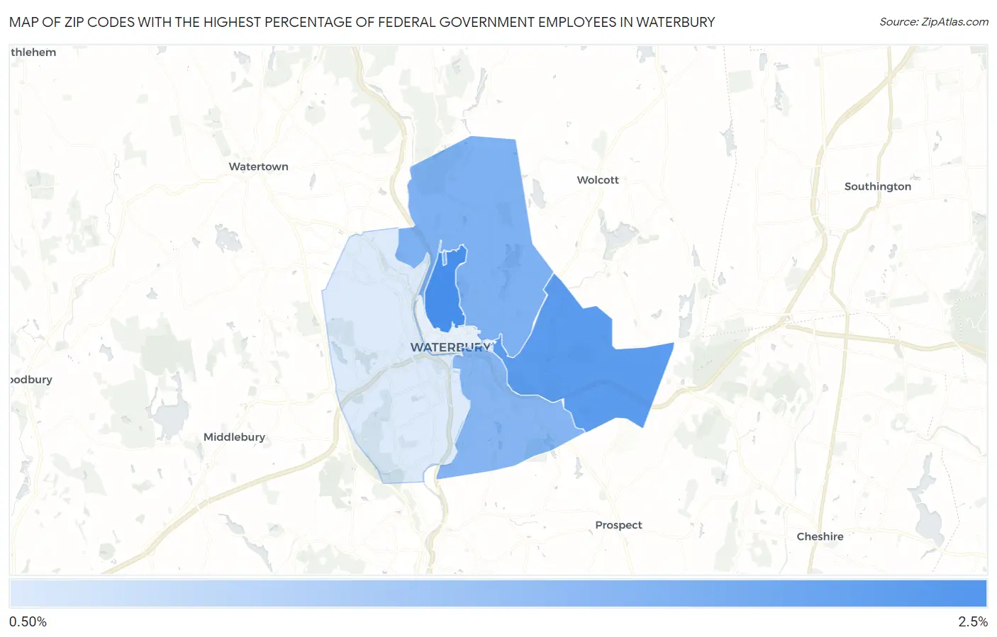 Zip Codes with the Highest Percentage of Federal Government Employees in Waterbury Map
