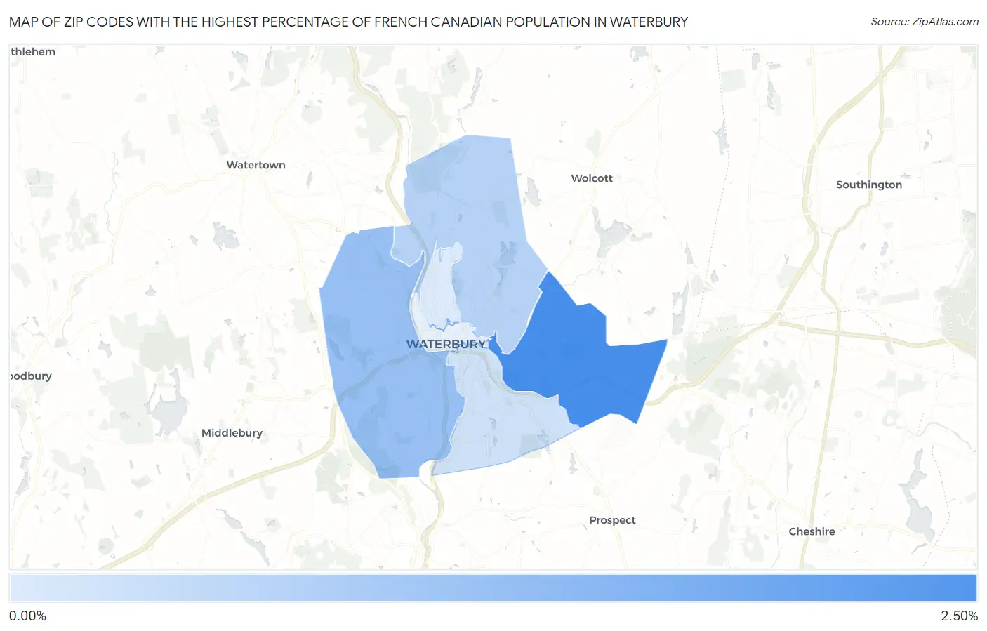 Zip Codes with the Highest Percentage of French Canadian Population in Waterbury Map